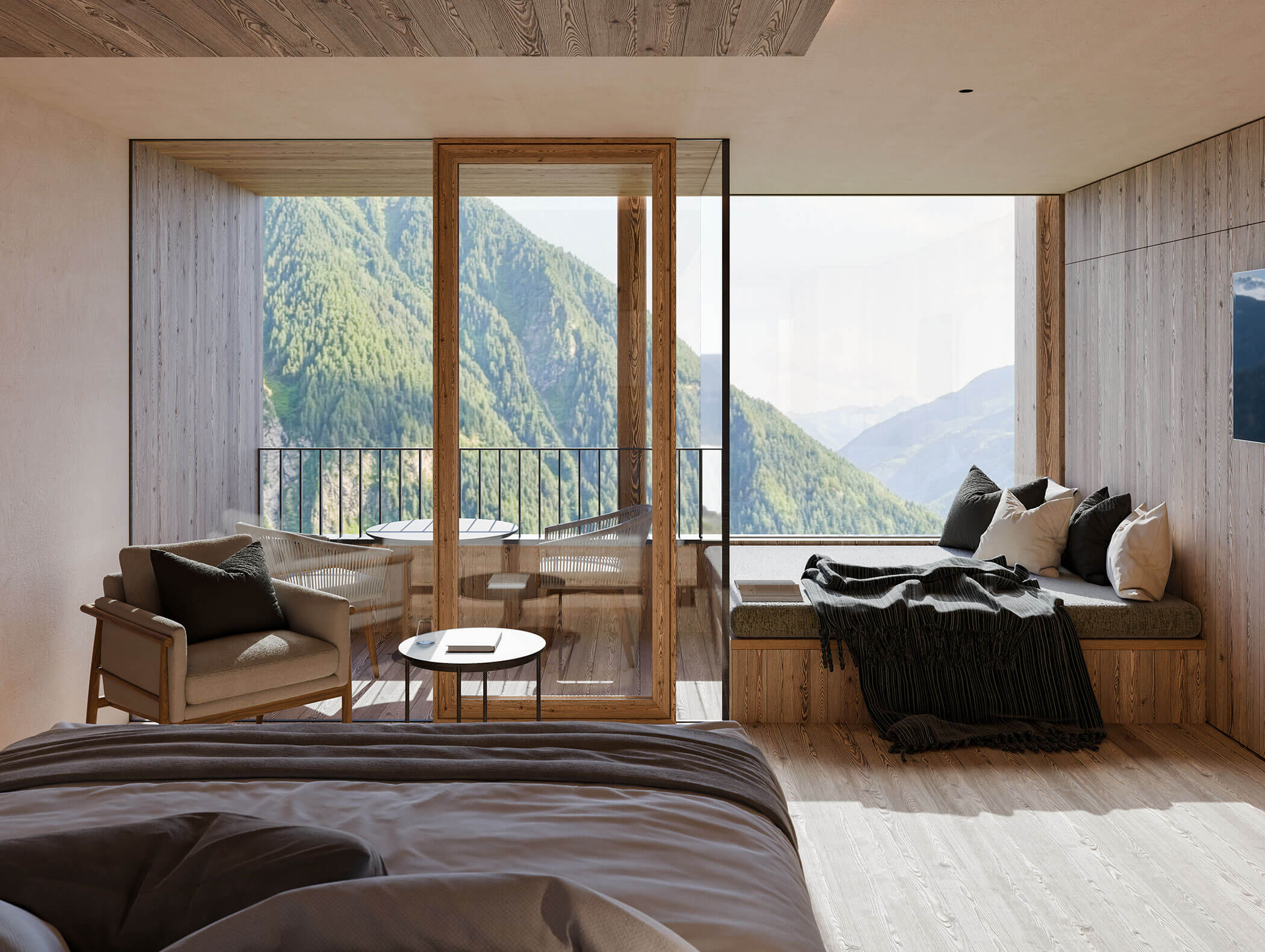 Modernes Schlafzimmer mit großen Fenstern und Blick auf die Berge, mit gemütlichen Sitzgelegenheiten und einem Balkon. - Hotel Moosmair